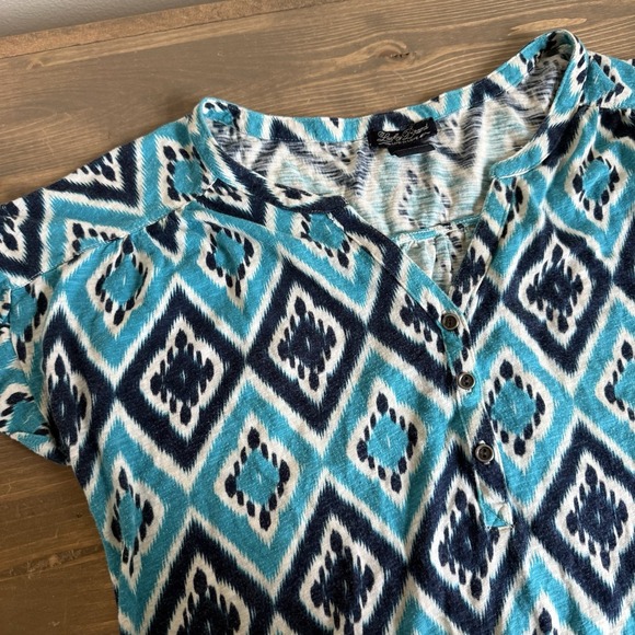 Lucky Brand Tops - Lucky Brand Womens Large Blue White V-Neck Henley Short‎ Sleeve Blouse Top